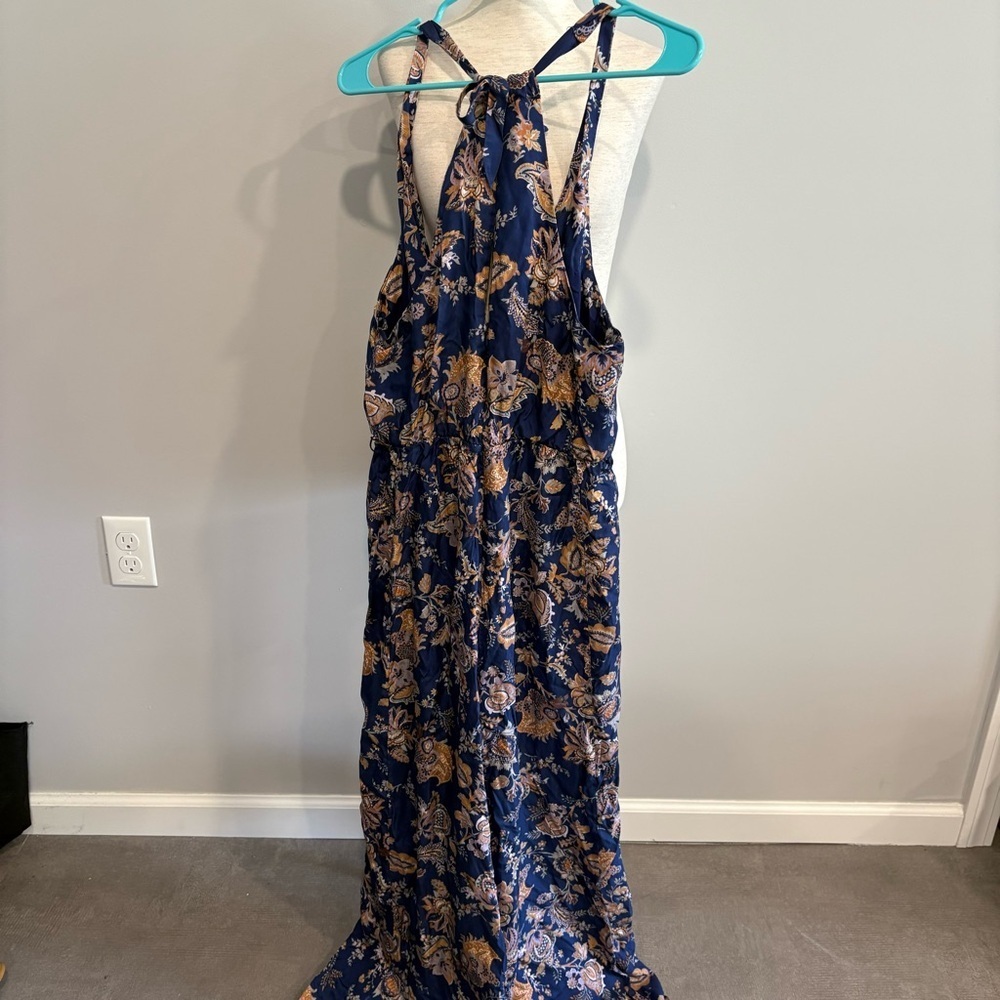 Anthropologie Floral Halter Navy Blue Jumpsuit Small